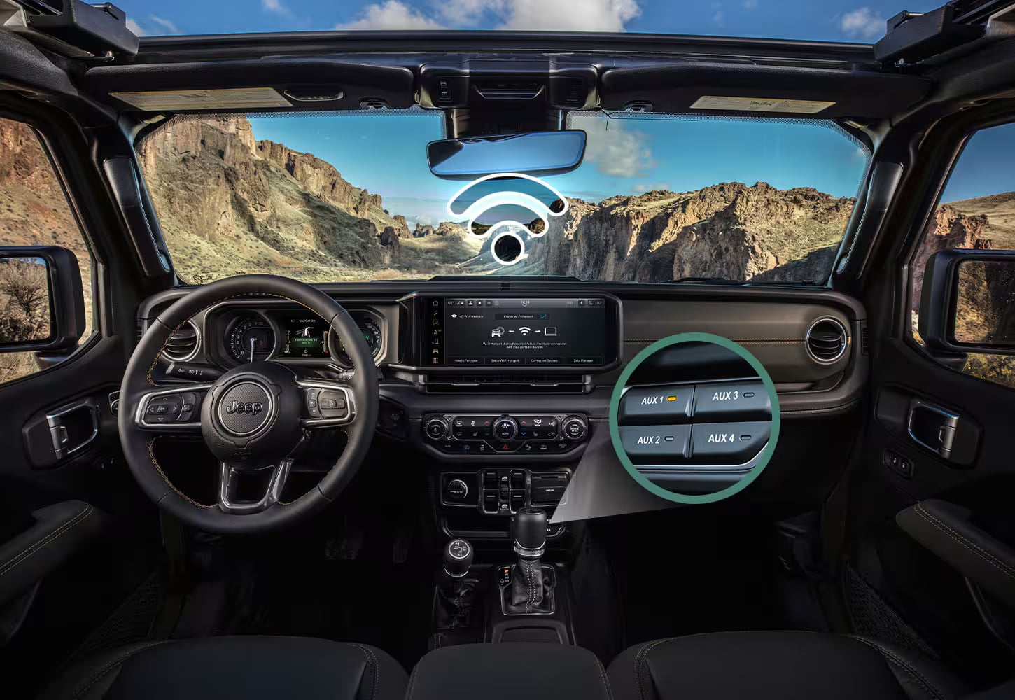 {
"altText": "Interior view of a Jeep Wrangler dashboard, highlighting the auxiliary switches with a zoomed-in overlay.",
