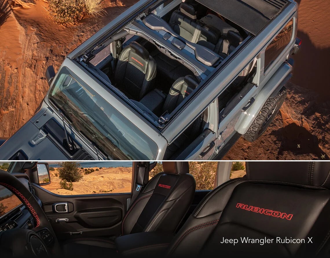 Top view of a grey Jeep Wrangler Rubicon X with an open canvas roof, and a view of its black leather seats.
