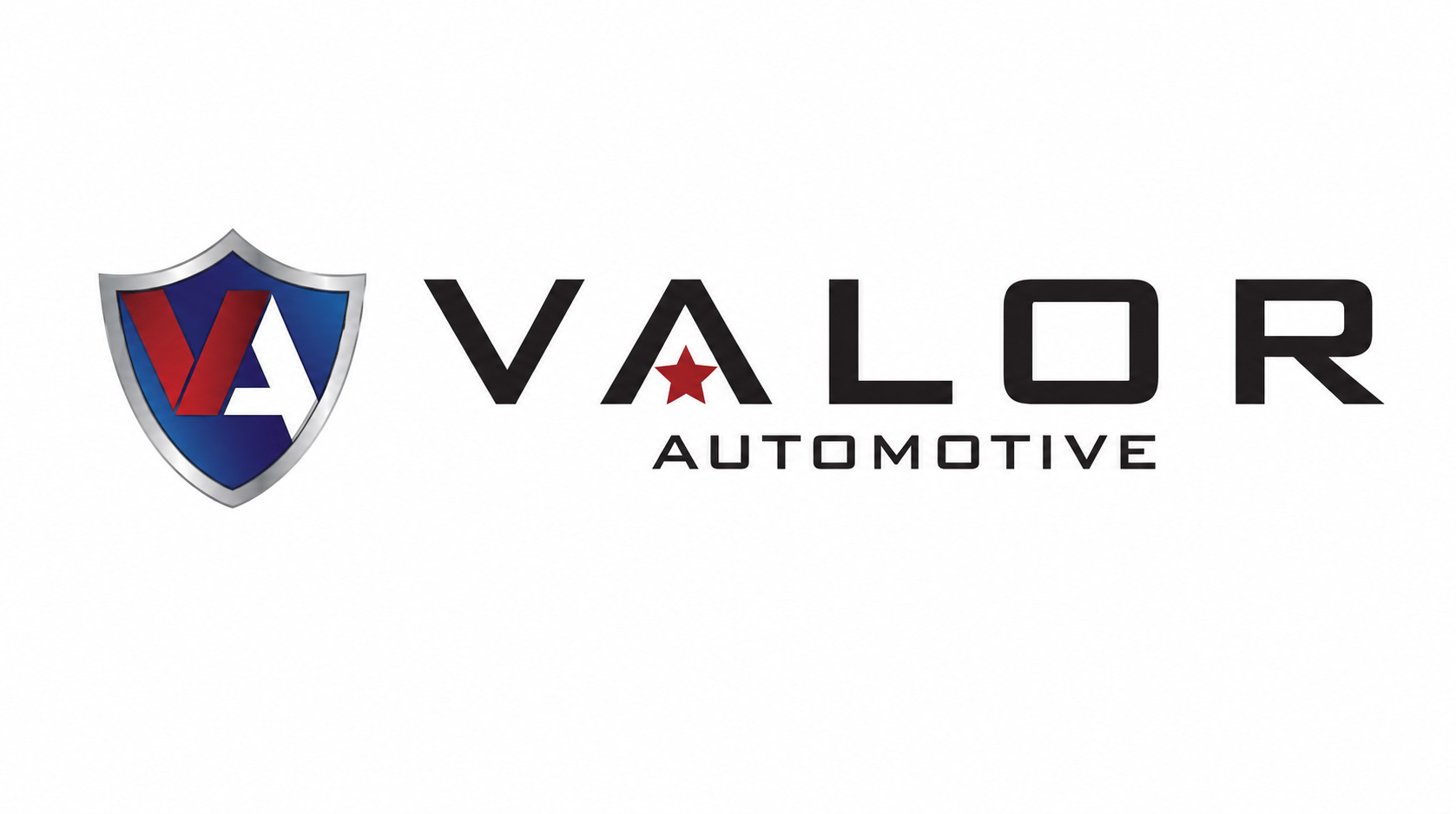 Logo for Valor Automotive featuring a blue and red shield icon alongside bold modern text.
