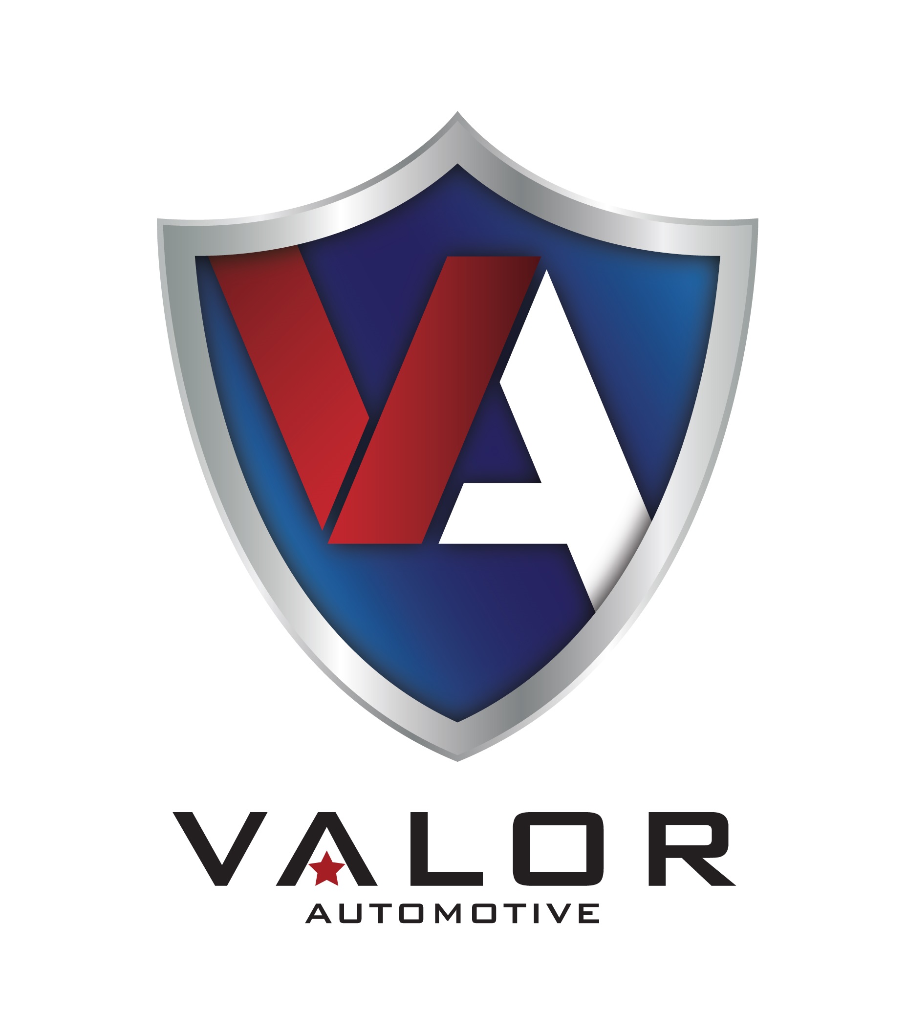 Valor Automotive logo featuring a blue shield with a red V and white A monogram above company text.