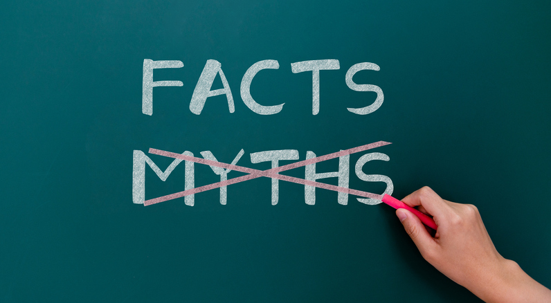 A hand crossing out the word MYTHS written in chalk below the word FACTS on a green chalkboard.