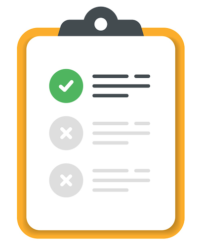 Yellow clipboard icon with one green checkmark and two grey cross symbols on a white background.