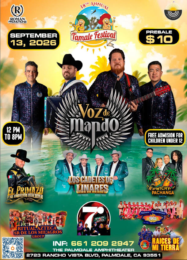 Poster for the 18th Annual Tamale Festival featuring musical headliner Voz de Mando at Palmdale Amphitheater.