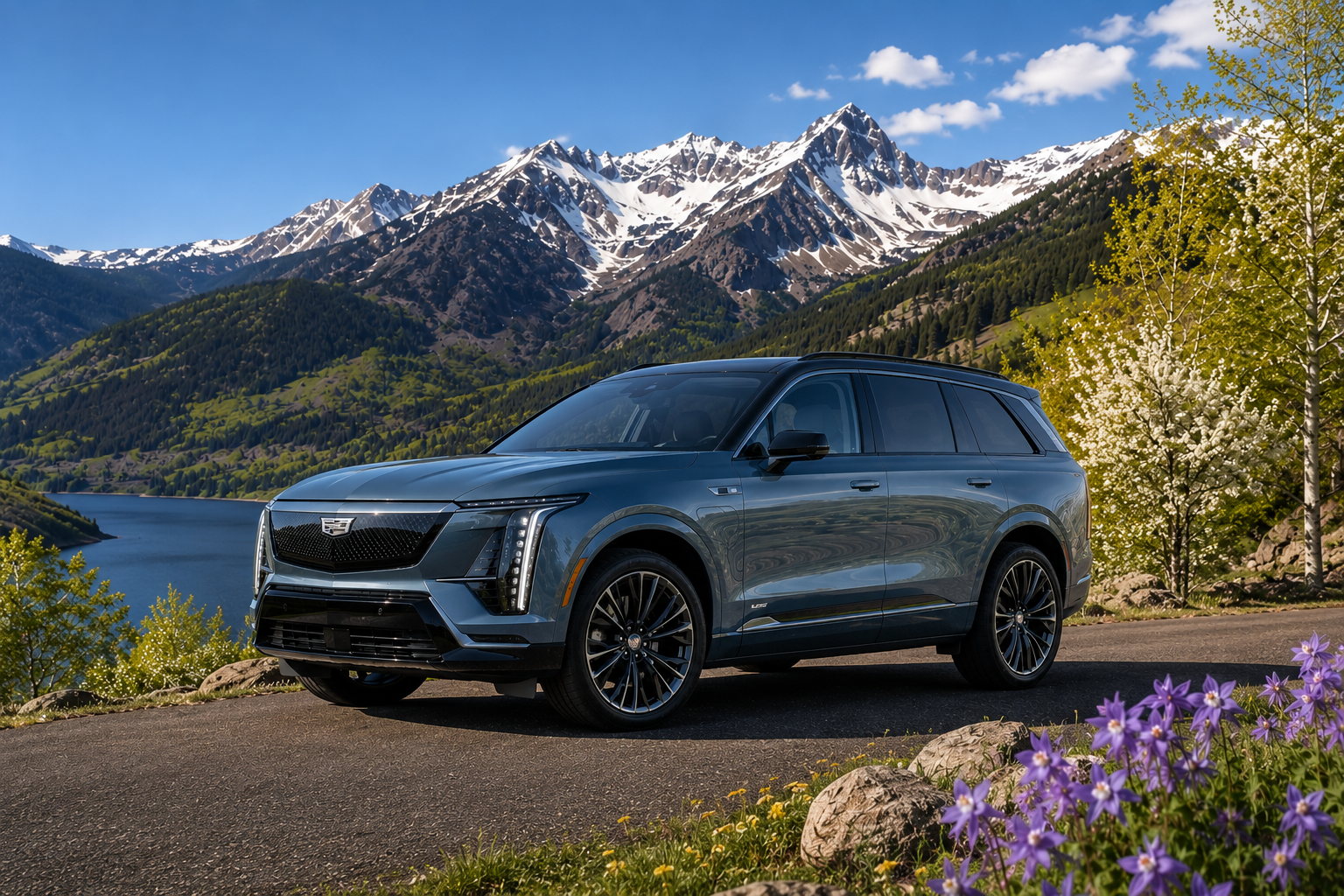A blue Cadillac Lyriq parked on a mountain road overlooking a lake and snow-capped peaks.
