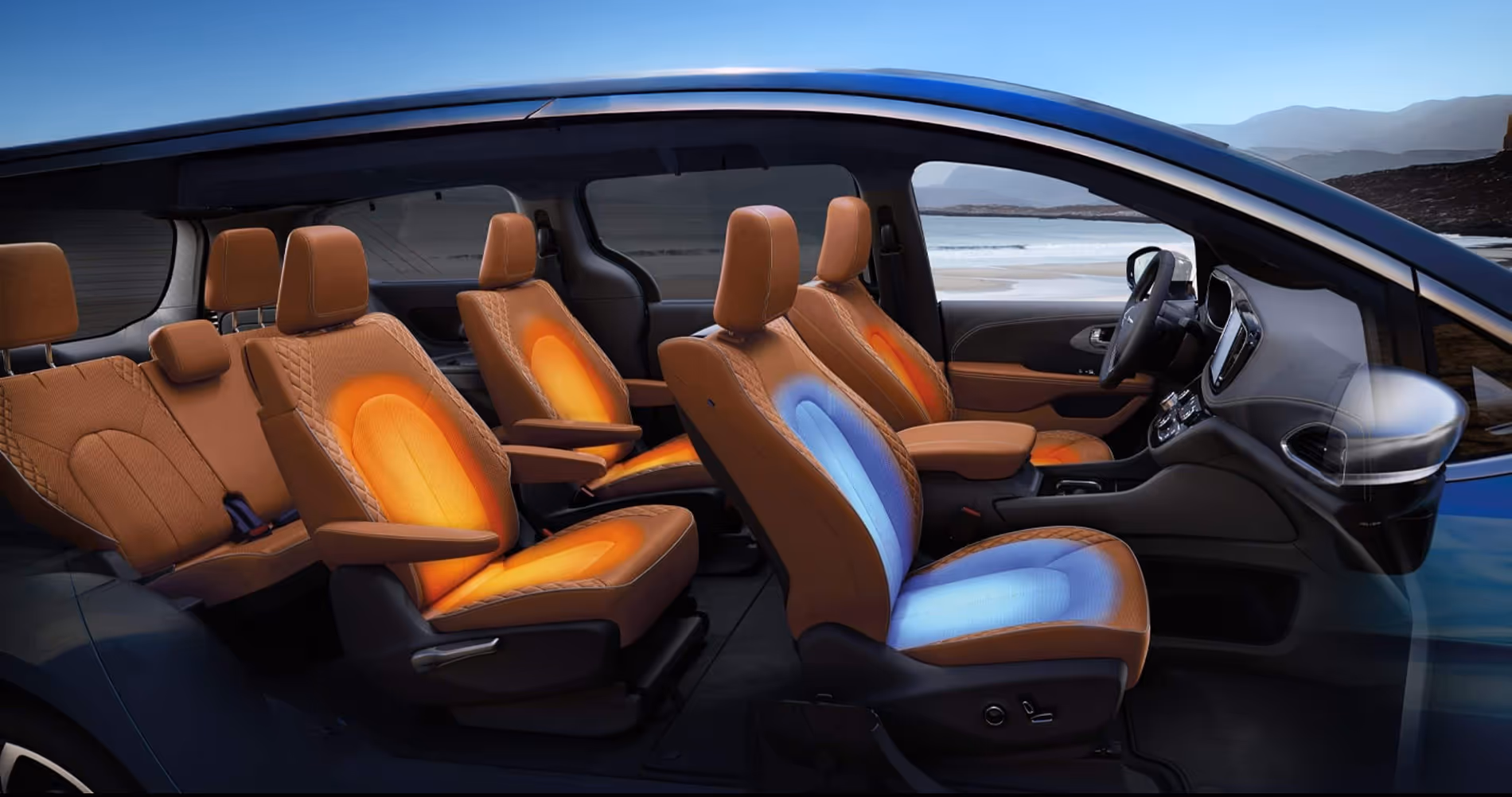 Interior view of Chrysler Pacifica minivan with heated seats.