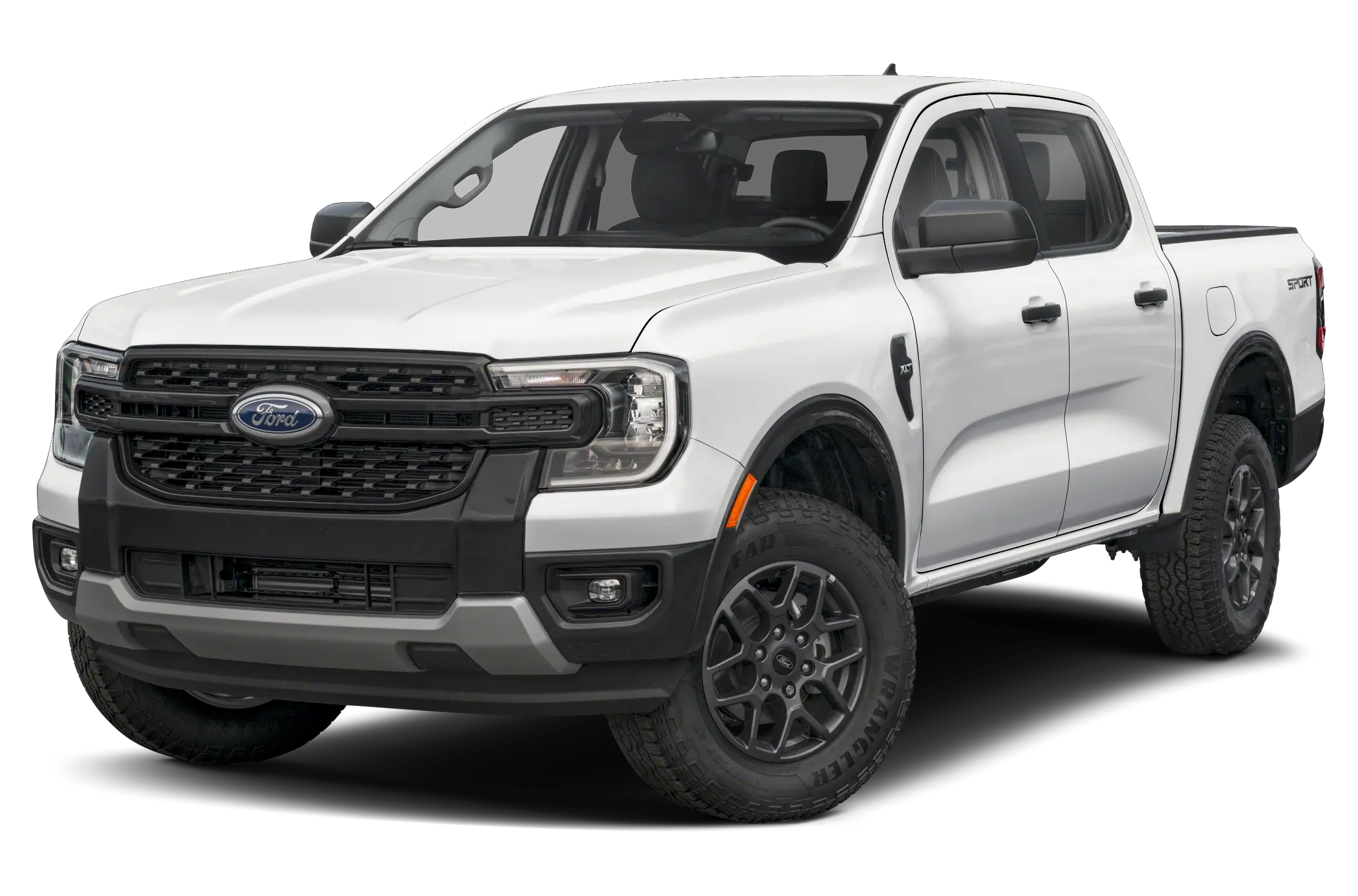 White Ford Ranger Sport pickup truck parked.